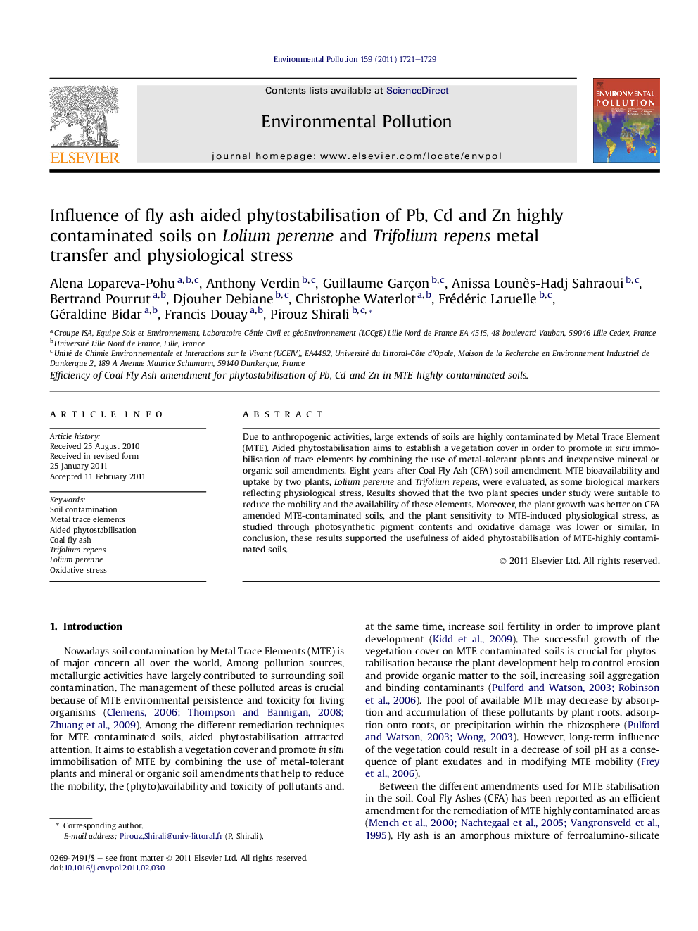 Influence of fly ash aided phytostabilisation of Pb, Cd and Zn highly contaminated soils on Lolium perenne and Trifolium repens metal transfer and physiological stress