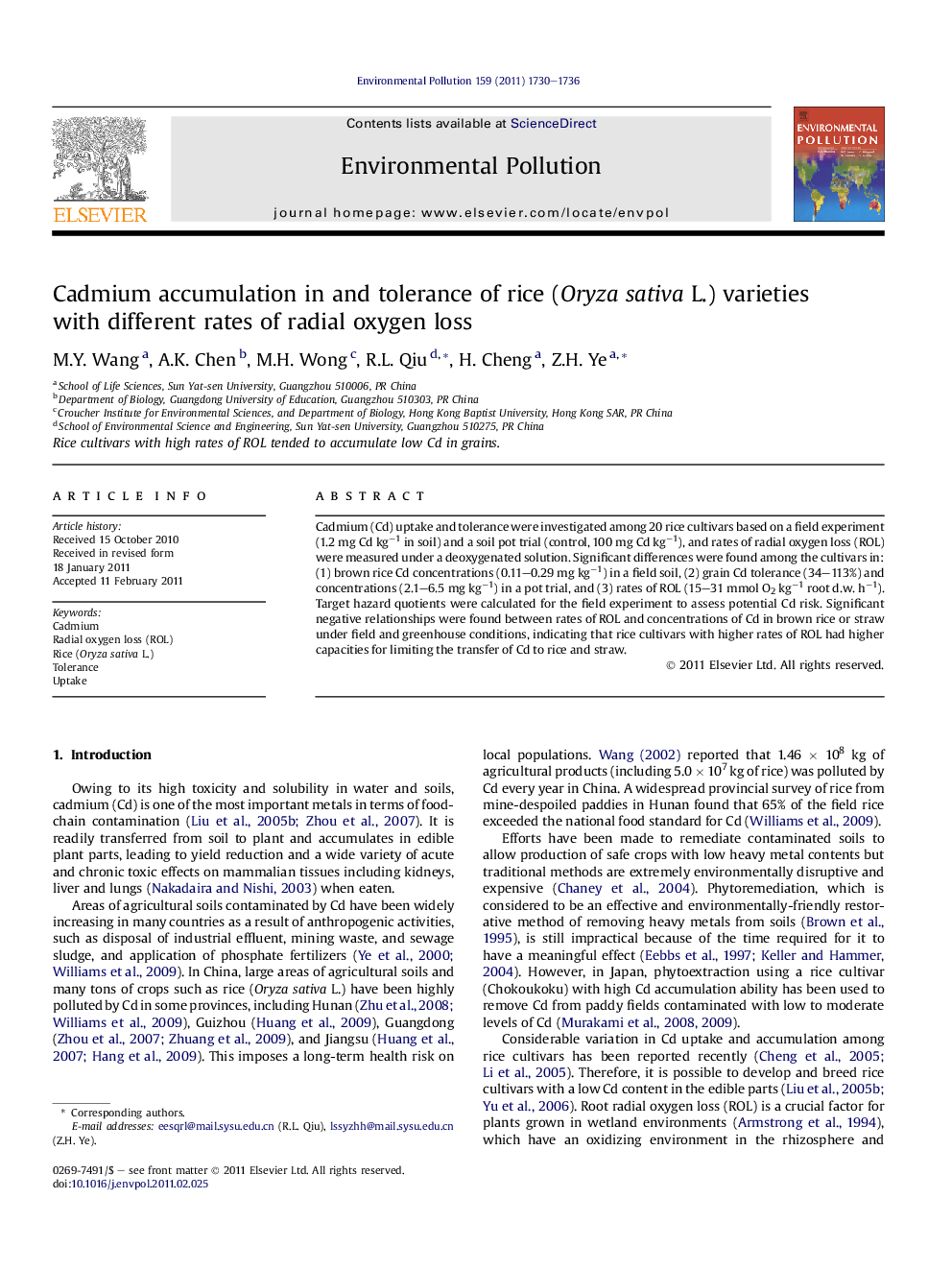Cadmium accumulation in and tolerance of rice (Oryza sativa L.) varieties with different rates of radial oxygen loss