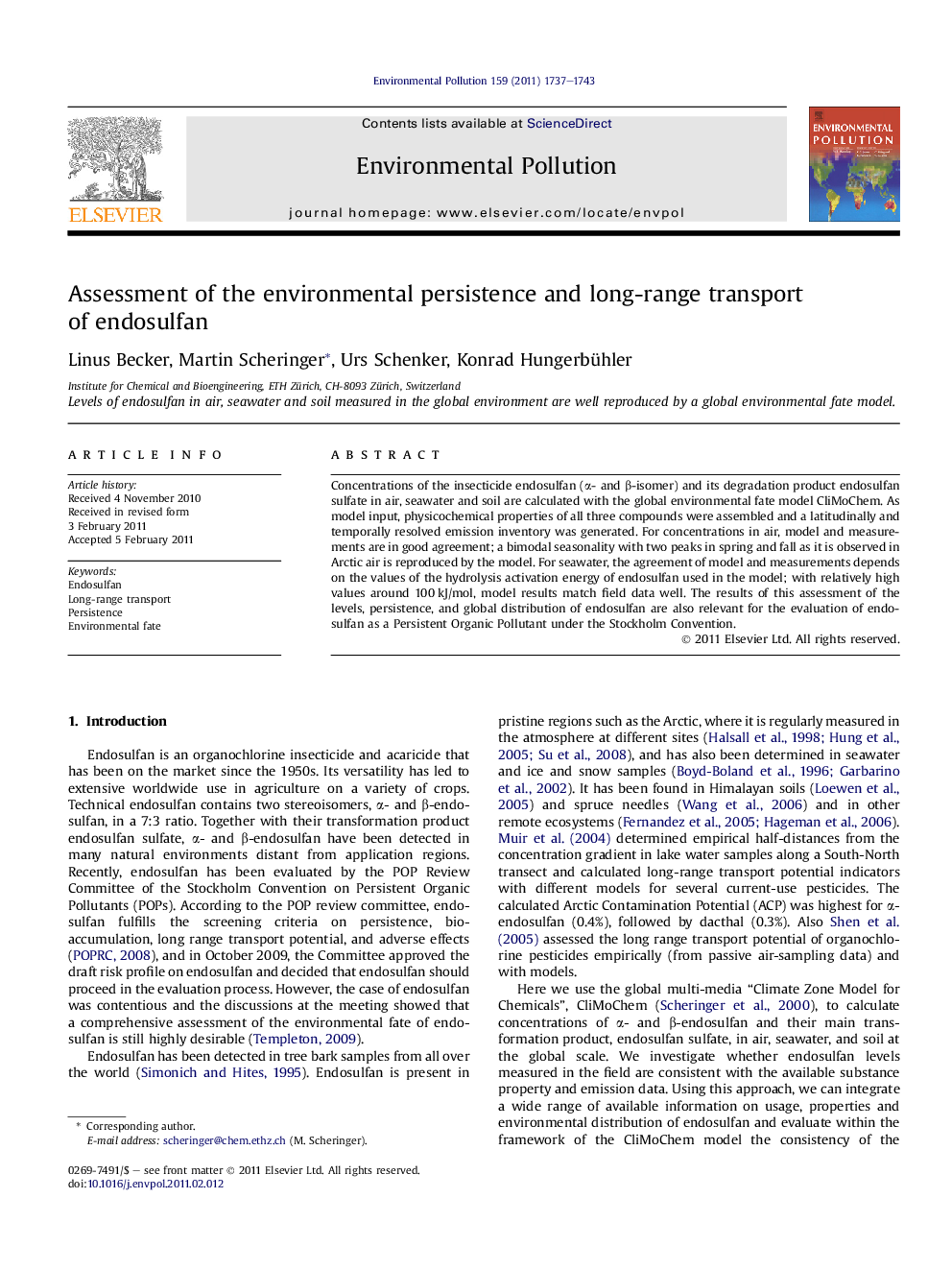 Assessment of the environmental persistence and long-range transport of endosulfan