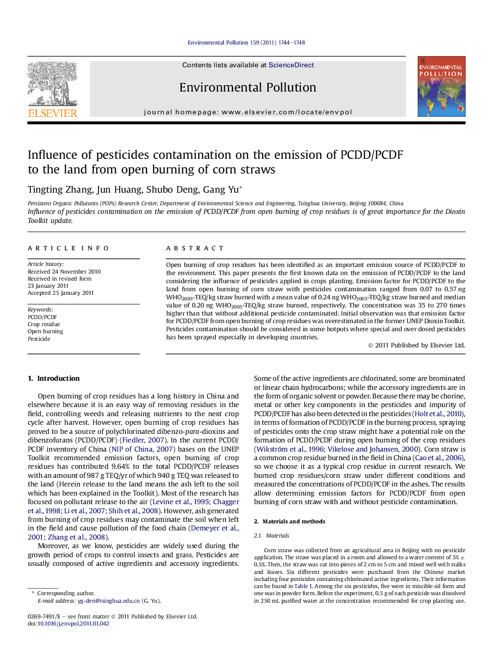 Influence of pesticides contamination on the emission of PCDD/PCDF to the land from open burning of corn straws