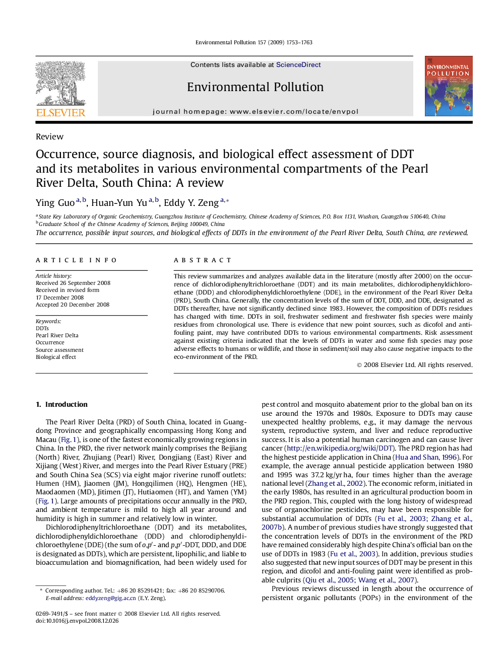 Occurrence, source diagnosis, and biological effect assessment of DDT and its metabolites in various environmental compartments of the Pearl River Delta, South China: A review