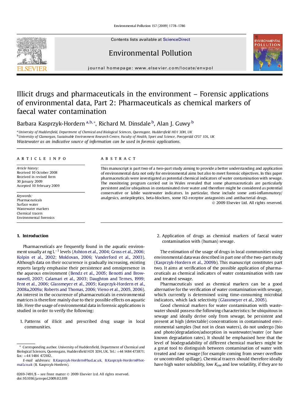 Illicit drugs and pharmaceuticals in the environment – Forensic applications of environmental data, Part 2: Pharmaceuticals as chemical markers of faecal water contamination