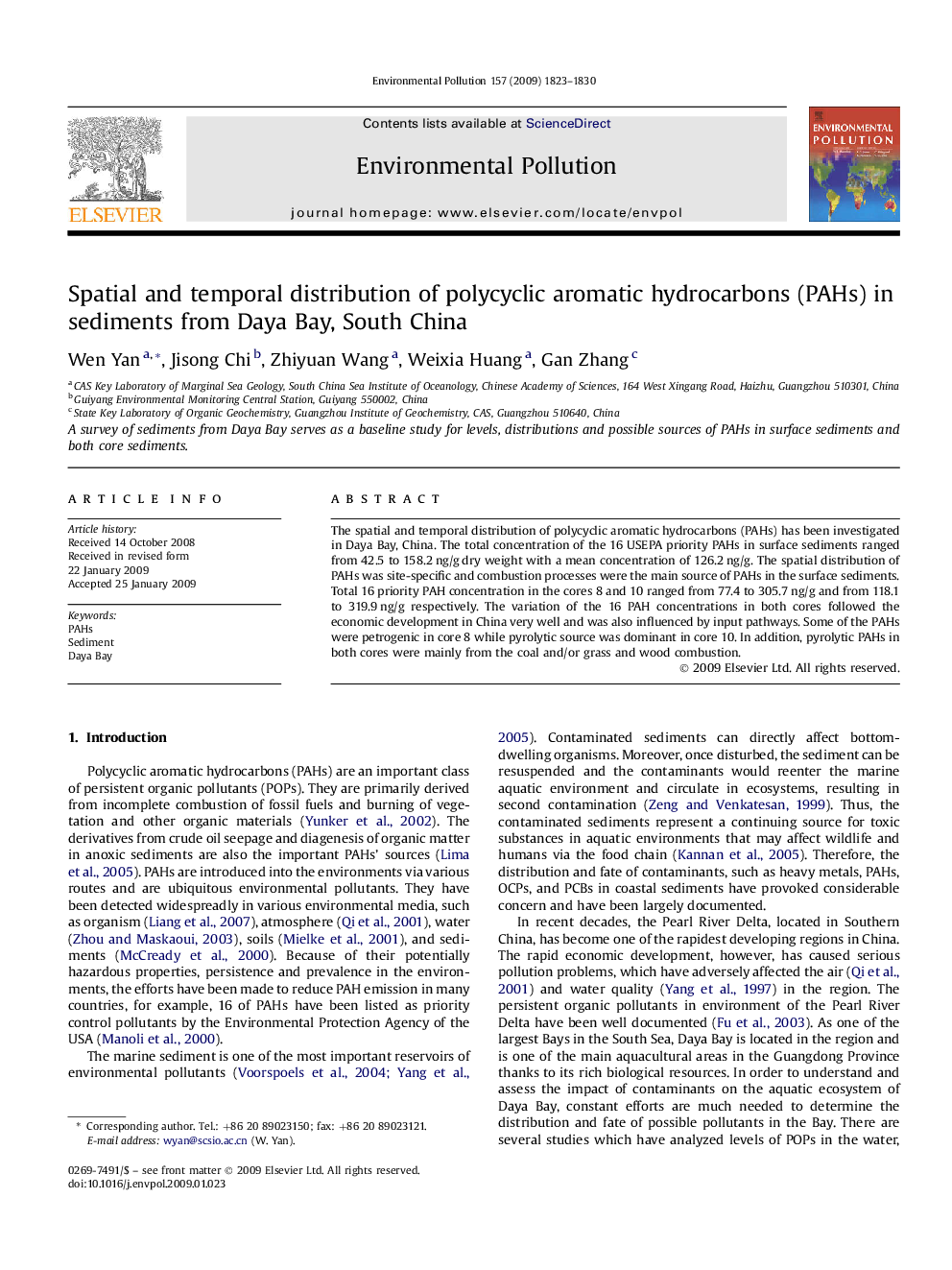 Spatial and temporal distribution of polycyclic aromatic hydrocarbons (PAHs) in sediments from Daya Bay, South China