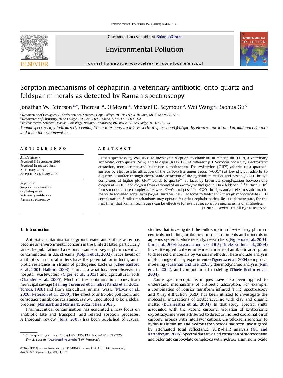 Sorption mechanisms of cephapirin, a veterinary antibiotic, onto quartz and feldspar minerals as detected by Raman spectroscopy