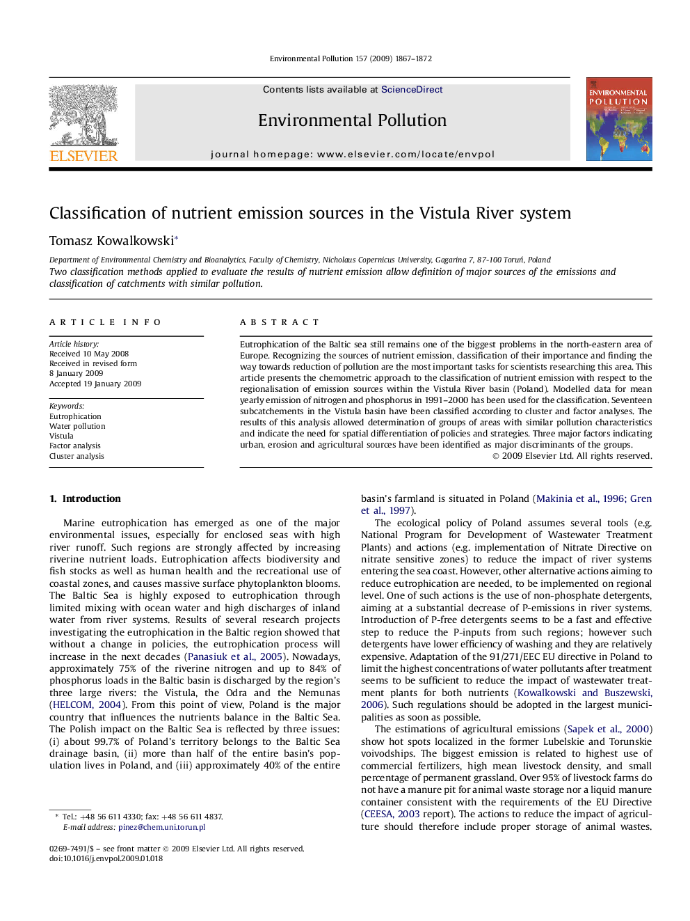 Classification of nutrient emission sources in the Vistula River system