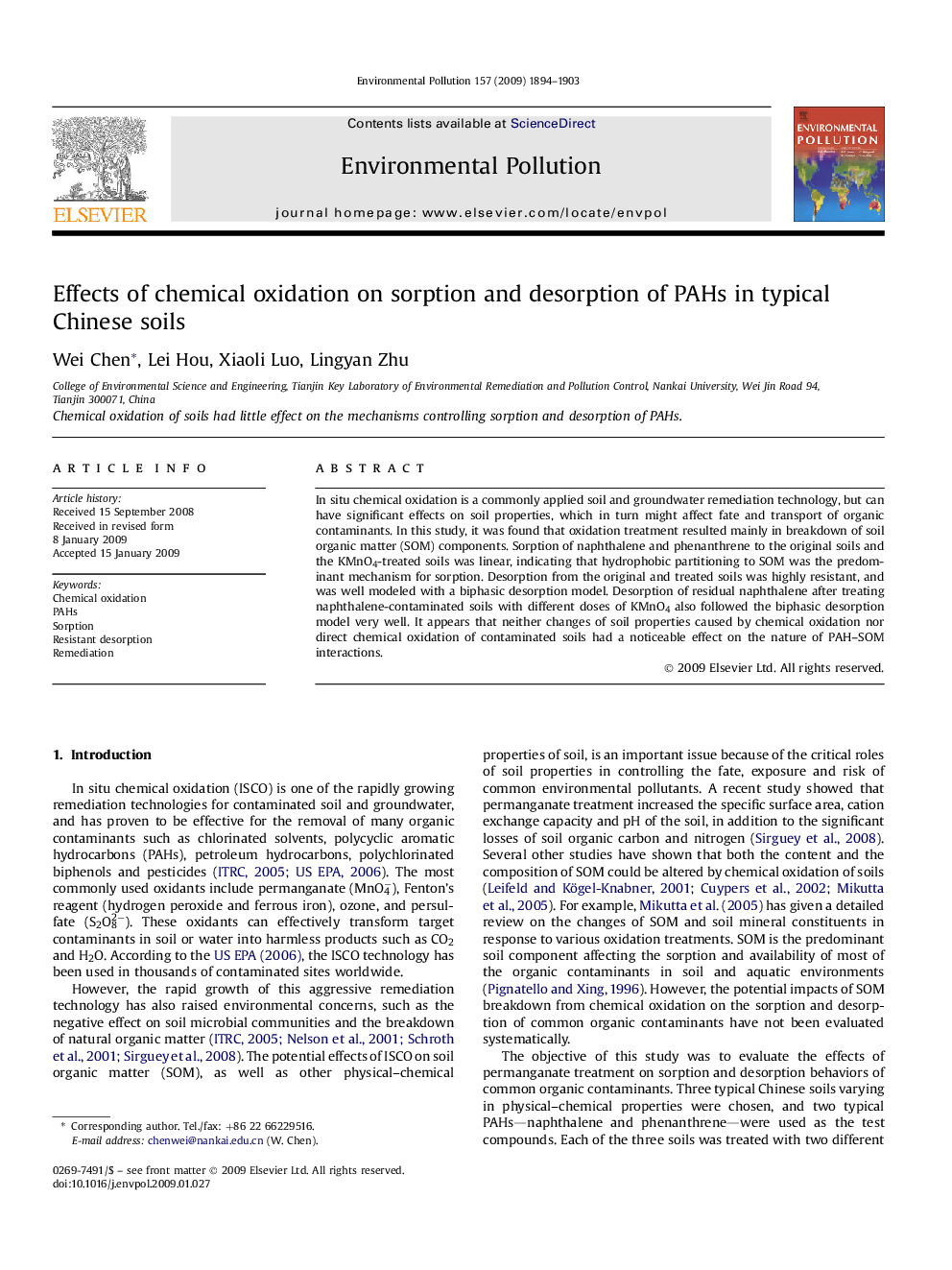 Effects of chemical oxidation on sorption and desorption of PAHs in typical Chinese soils