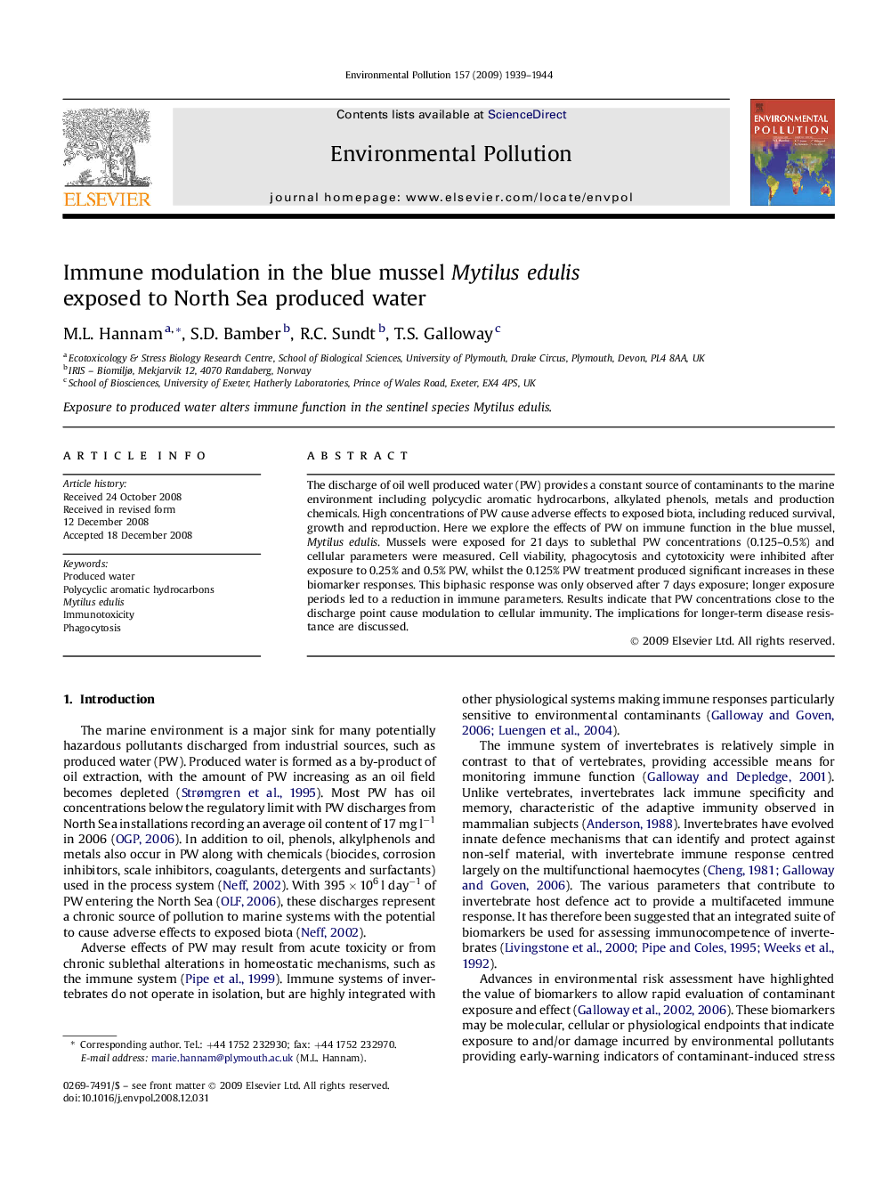 عکس صفحه اول مقاله: Immune modulation in the blue mussel Mytilus edulis exposed to North Sea produced water Immune modulation in the blue mussel Mytilus edulis exposed to North Sea produced water