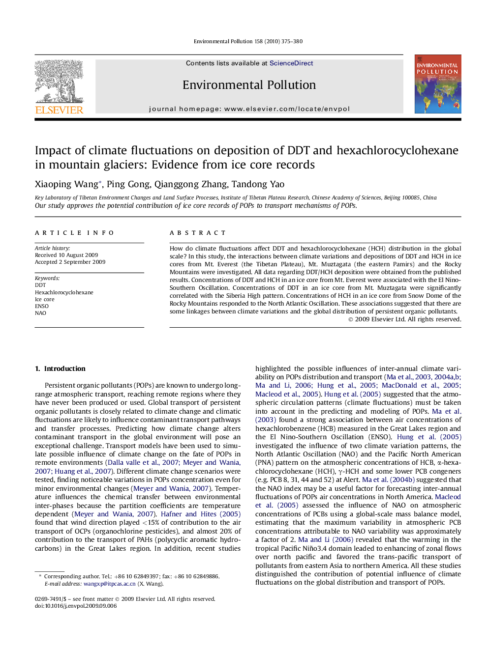 Impact of climate fluctuations on deposition of DDT and hexachlorocyclohexane in mountain glaciers: Evidence from ice core records