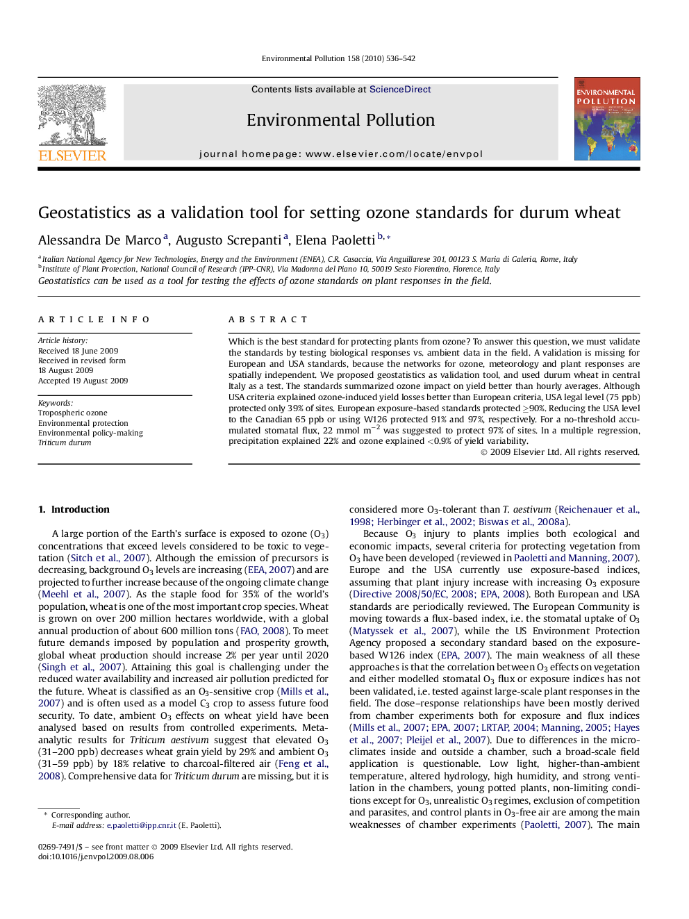 Geostatistics as a validation tool for setting ozone standards for durum wheat