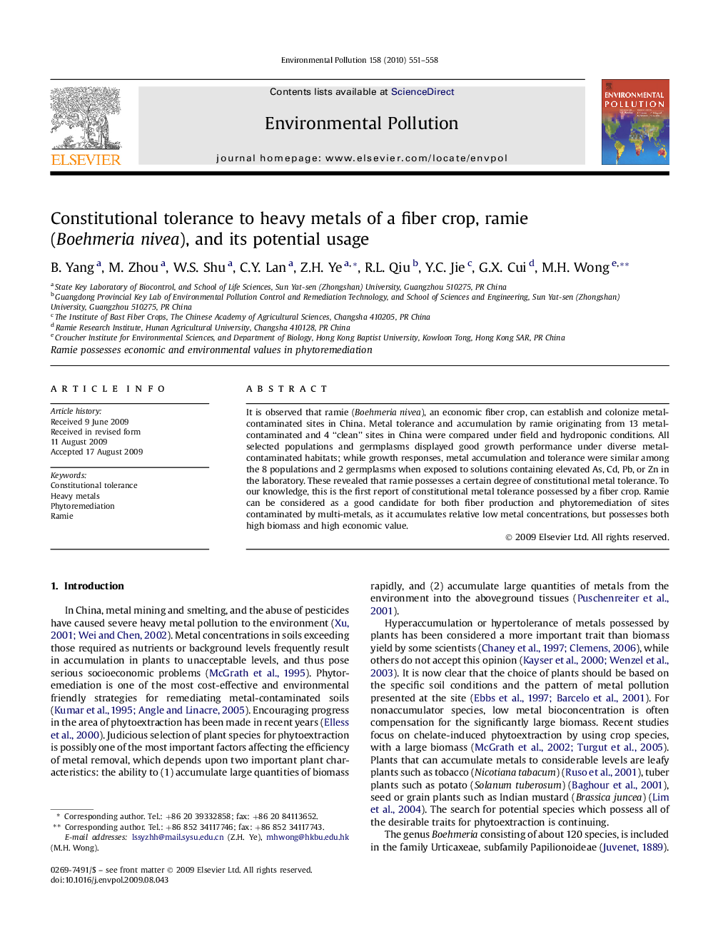 عکس صفحه اول مقاله: Constitutional tolerance to heavy metals of a fiber crop, ramie (Boehmeria nivea), and its potential usage Constitutional tolerance to heavy metals of a fiber crop, ramie (Boehmeria nivea), and its potential usage