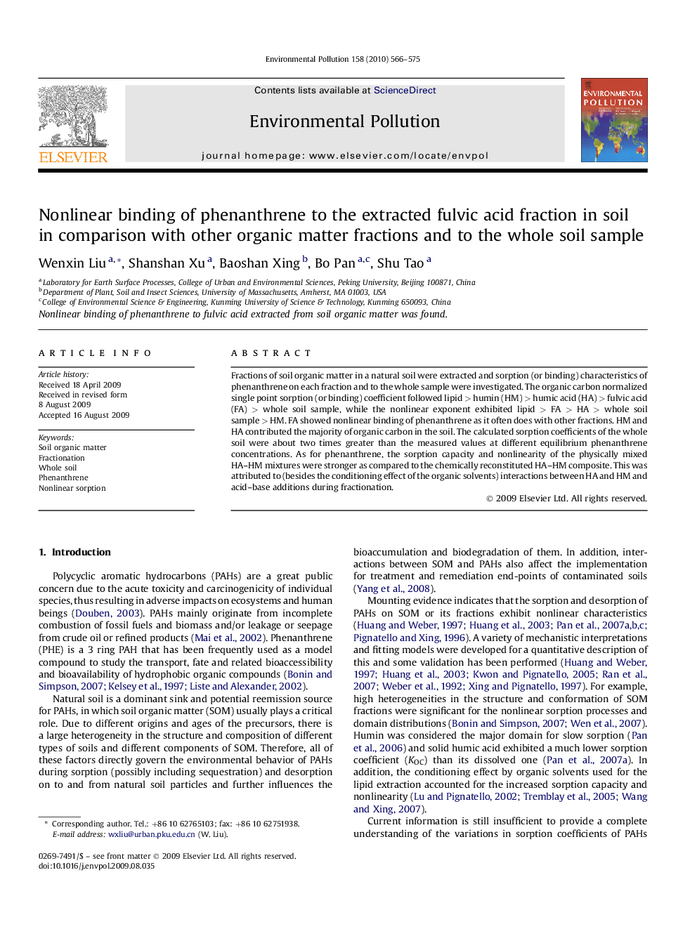 Nonlinear binding of phenanthrene to the extracted fulvic acid fraction in soil in comparison with other organic matter fractions and to the whole soil sample