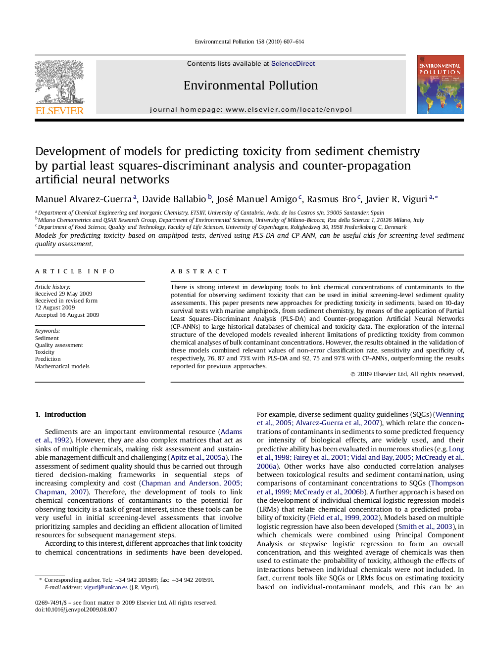 Development of models for predicting toxicity from sediment chemistry by partial least squares-discriminant analysis and counter-propagation artificial neural networks