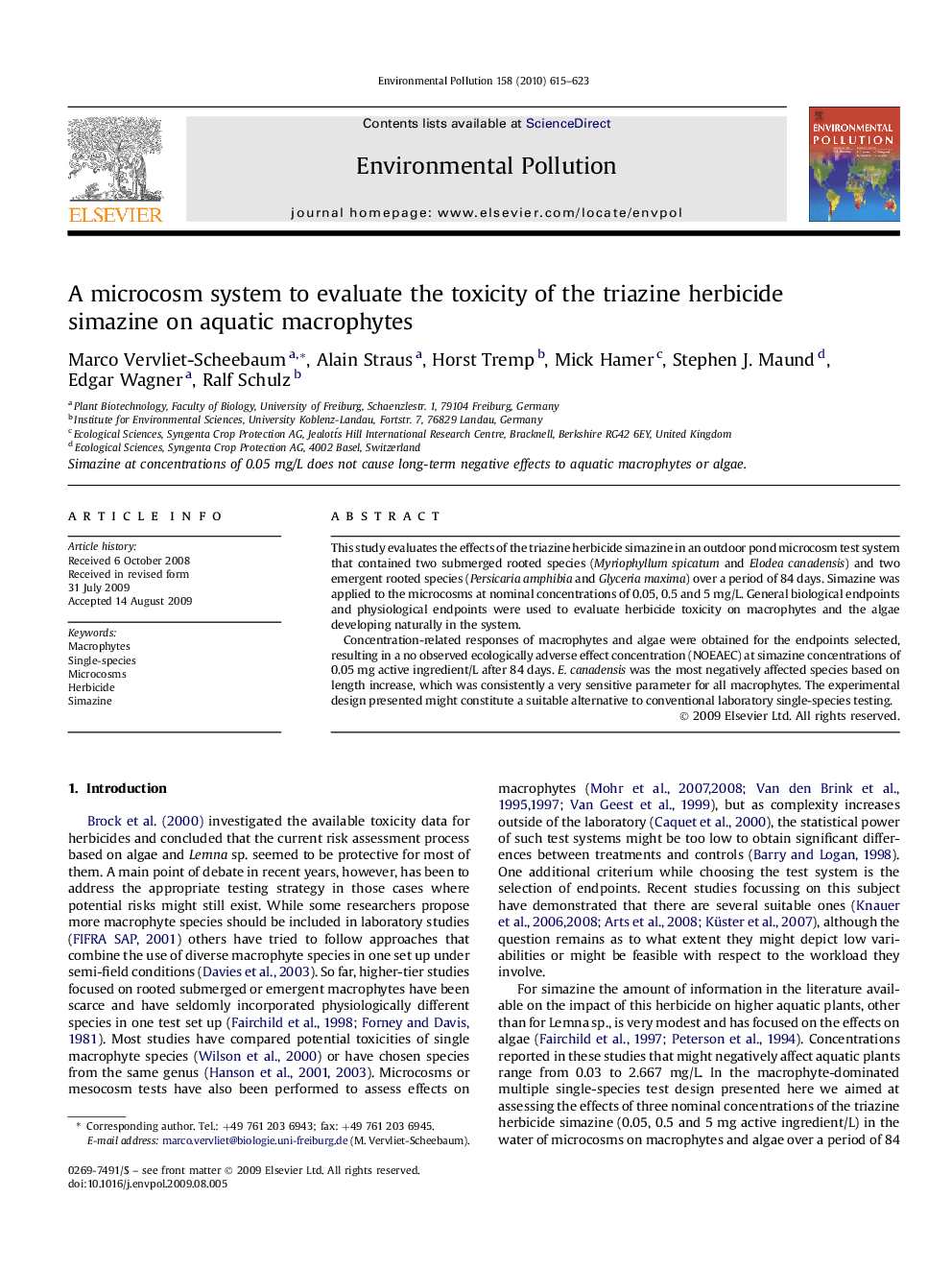 A microcosm system to evaluate the toxicity of the triazine herbicide simazine on aquatic macrophytes