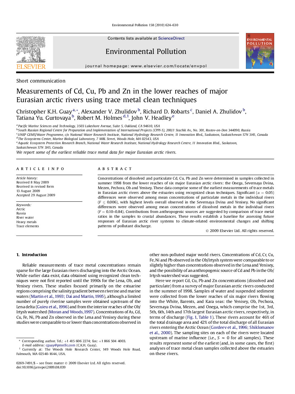 Measurements of Cd, Cu, Pb and Zn in the lower reaches of major Eurasian arctic rivers using trace metal clean techniques