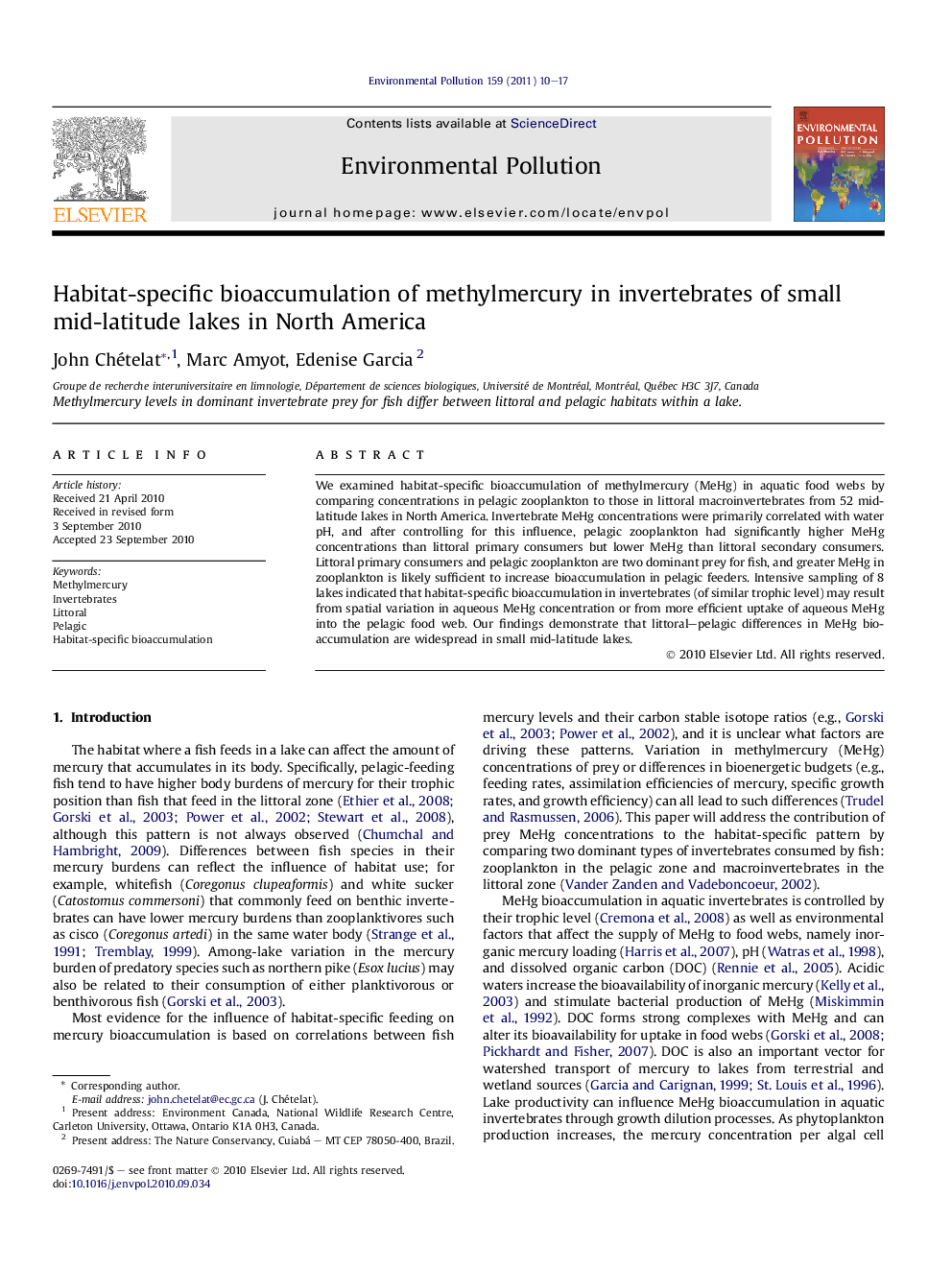 Habitat-specific bioaccumulation of methylmercury in invertebrates of small mid-latitude lakes in North America