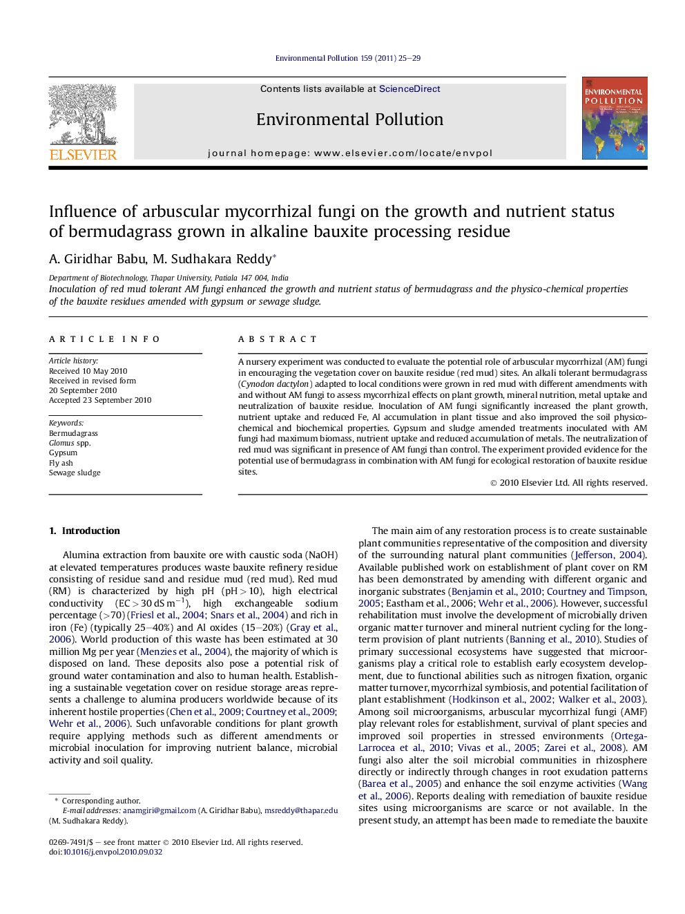 Influence of arbuscular mycorrhizal fungi on the growth and nutrient status of bermudagrass grown in alkaline bauxite processing residue