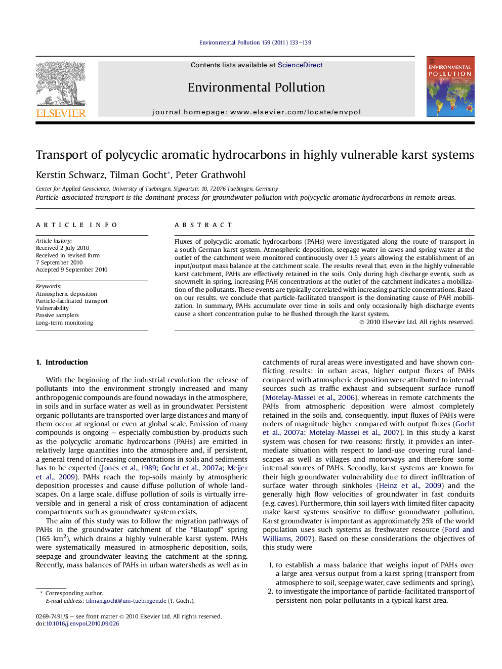 Transport of polycyclic aromatic hydrocarbons in highly vulnerable karst systems