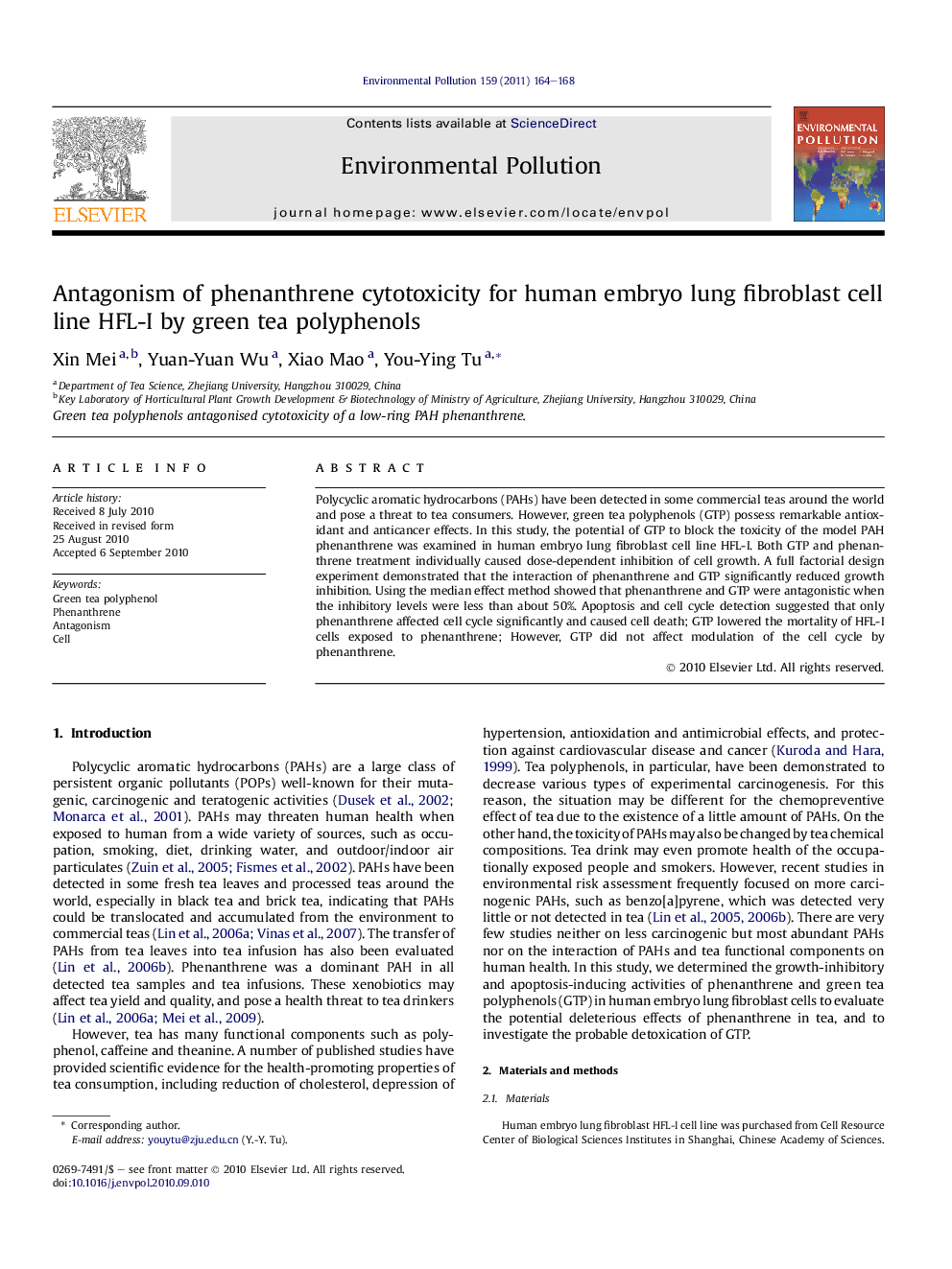 Antagonism of phenanthrene cytotoxicity for human embryo lung fibroblast cell line HFL-I by green tea polyphenols