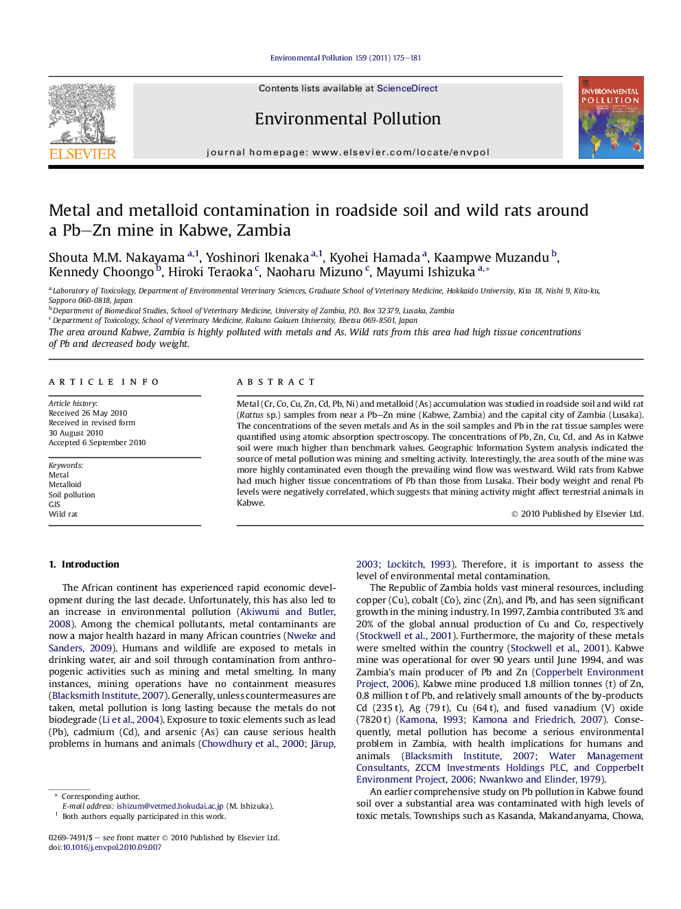 Metal and metalloid contamination in roadside soil and wild rats around a Pb–Zn mine in Kabwe, Zambia