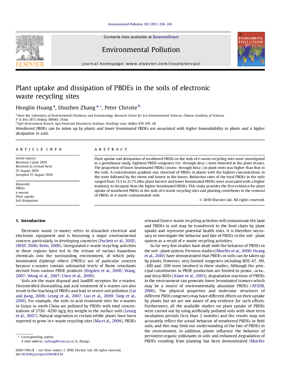 Plant uptake and dissipation of PBDEs in the soils of electronic waste recycling sites