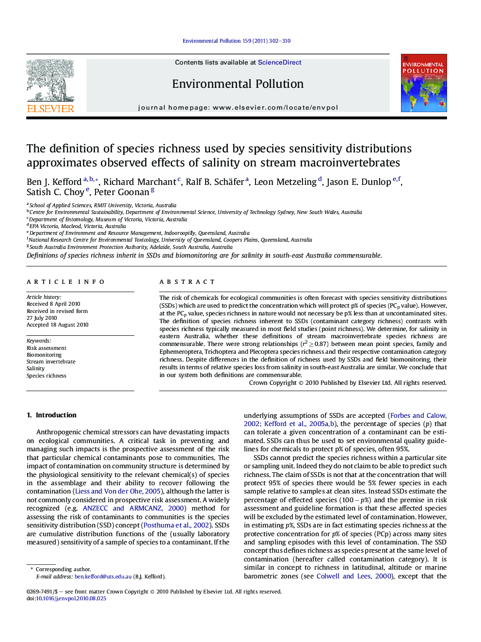 The definition of species richness used by species sensitivity distributions approximates observed effects of salinity on stream macroinvertebrates