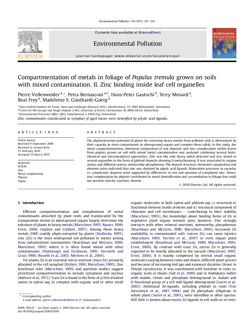 Compartmentation of metals in foliage of Populus tremula grown on soils with mixed contamination. II. Zinc binding inside leaf cell organelles