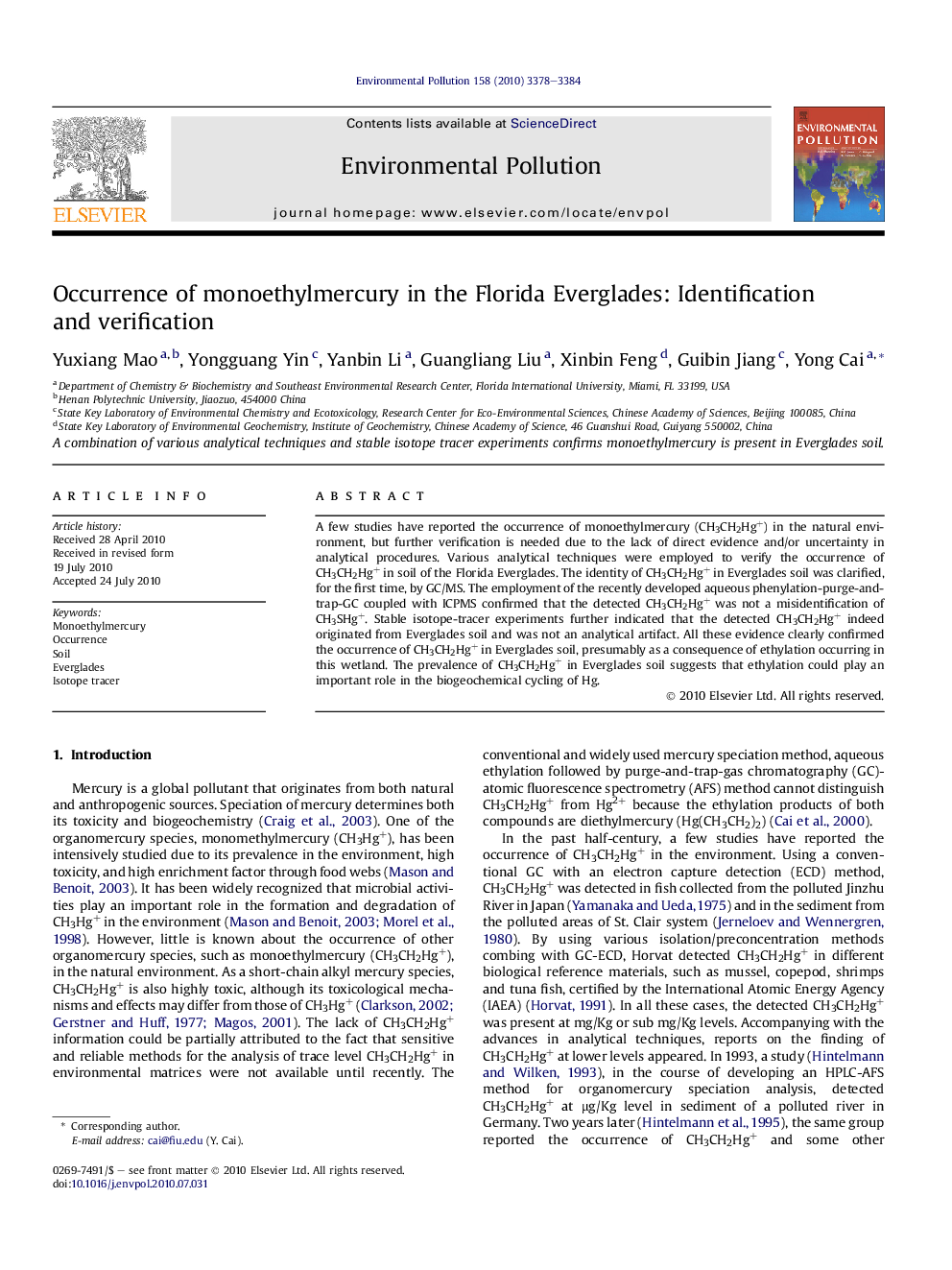 Occurrence of monoethylmercury in the Florida Everglades: Identification and verification