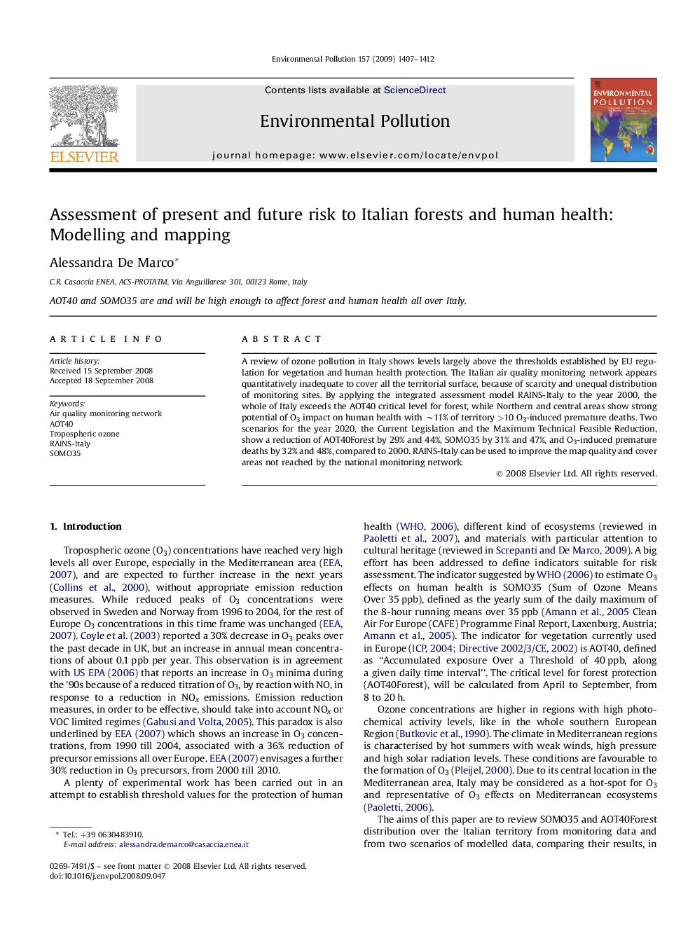 Assessment of present and future risk to Italian forests and human health: Modelling and mapping