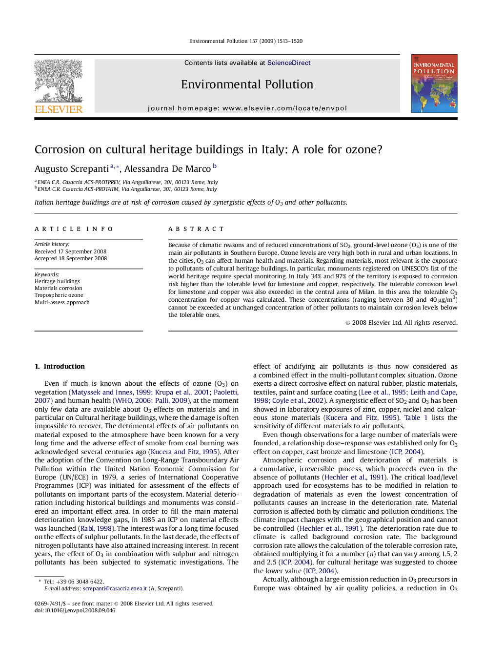 Corrosion on cultural heritage buildings in Italy: A role for ozone?