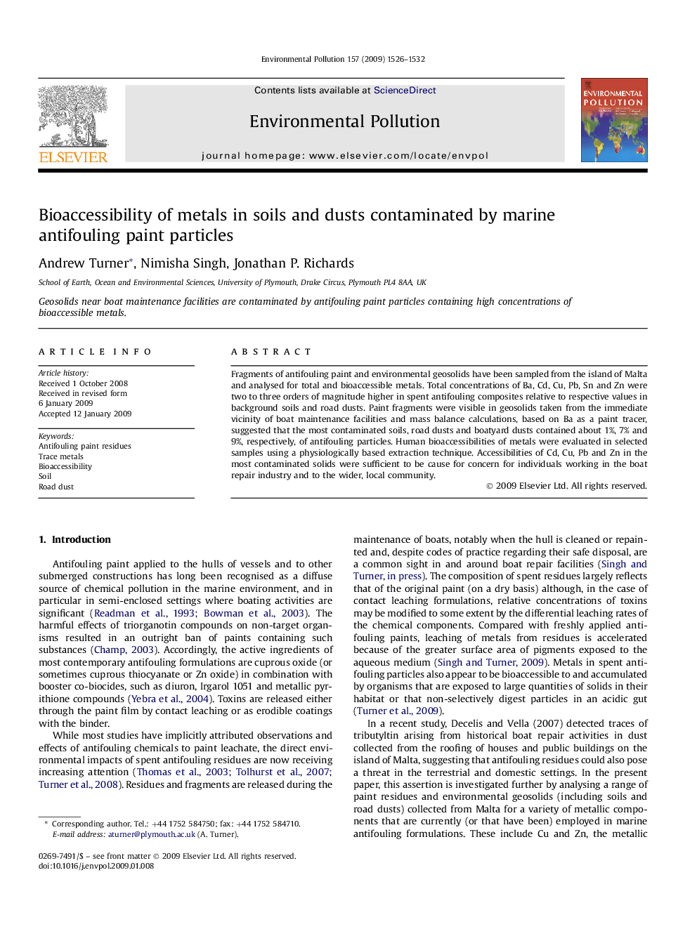 Bioaccessibility of metals in soils and dusts contaminated by marine antifouling paint particles