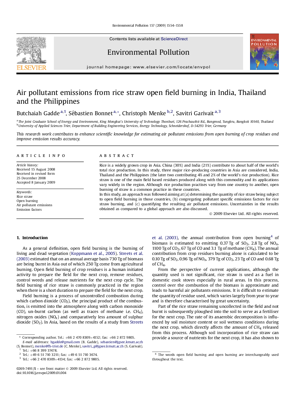 Air pollutant emissions from rice straw open field burning in India, Thailand and the Philippines