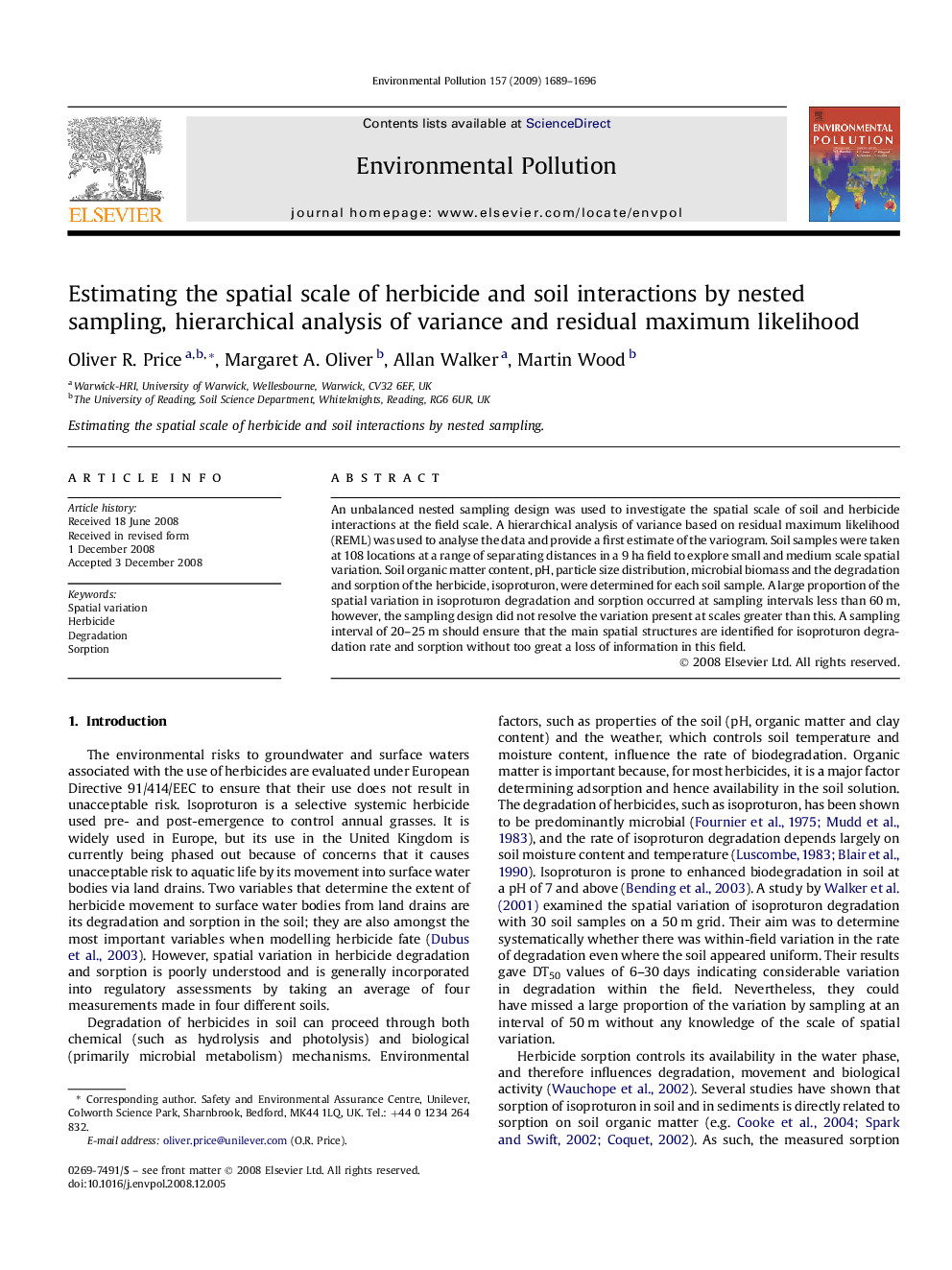 Estimating the spatial scale of herbicide and soil interactions by nested sampling, hierarchical analysis of variance and residual maximum likelihood