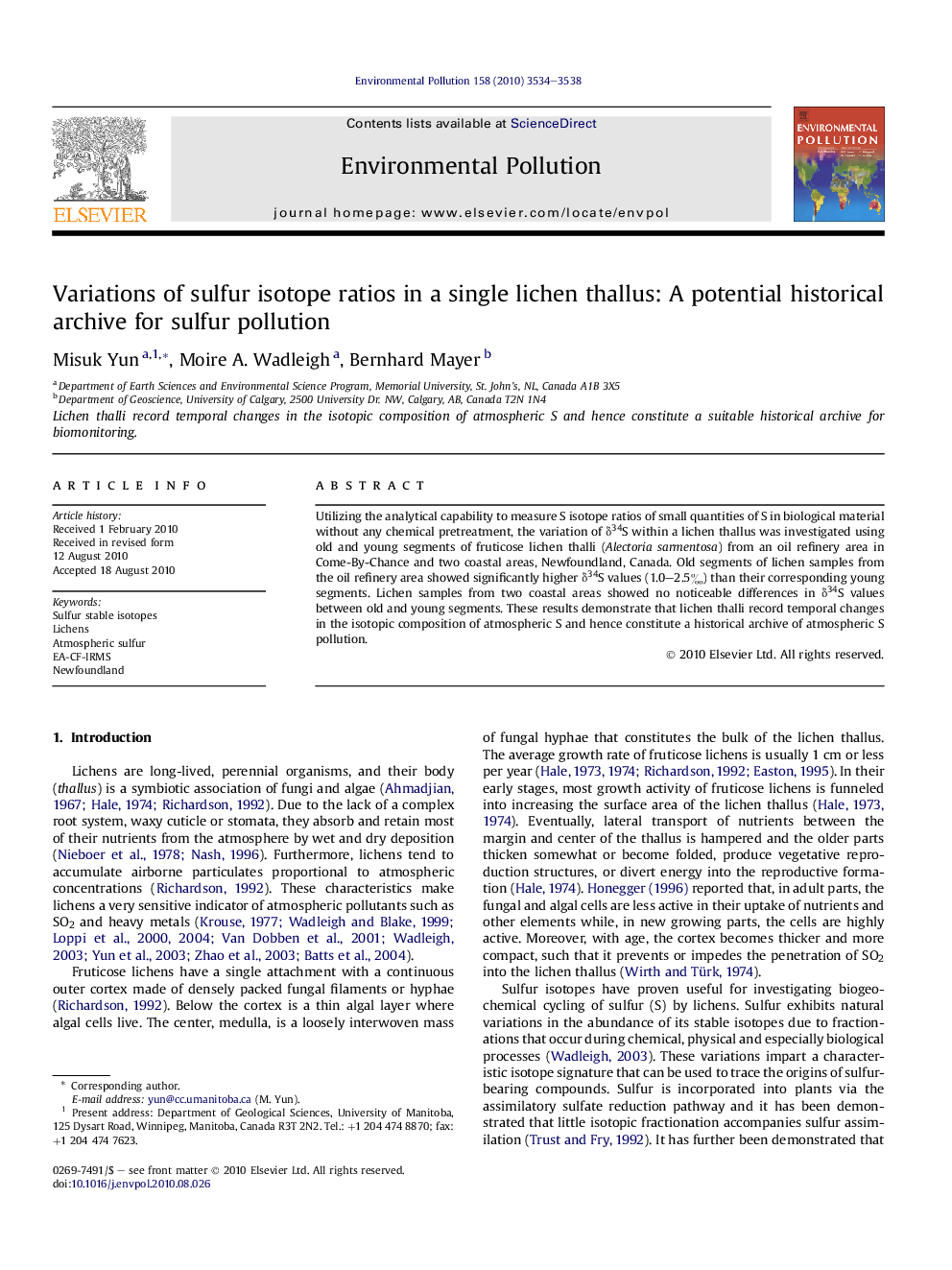 Variations of sulfur isotope ratios in a single lichen thallus: A potential historical archive for sulfur pollution