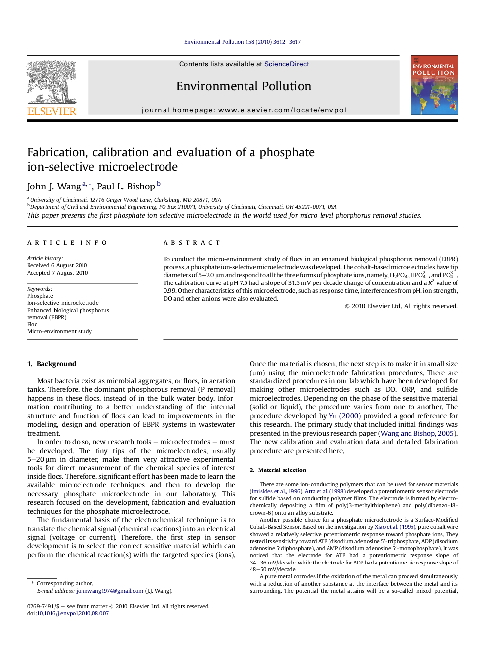 Fabrication, calibration and evaluation of a phosphate ion-selective microelectrode