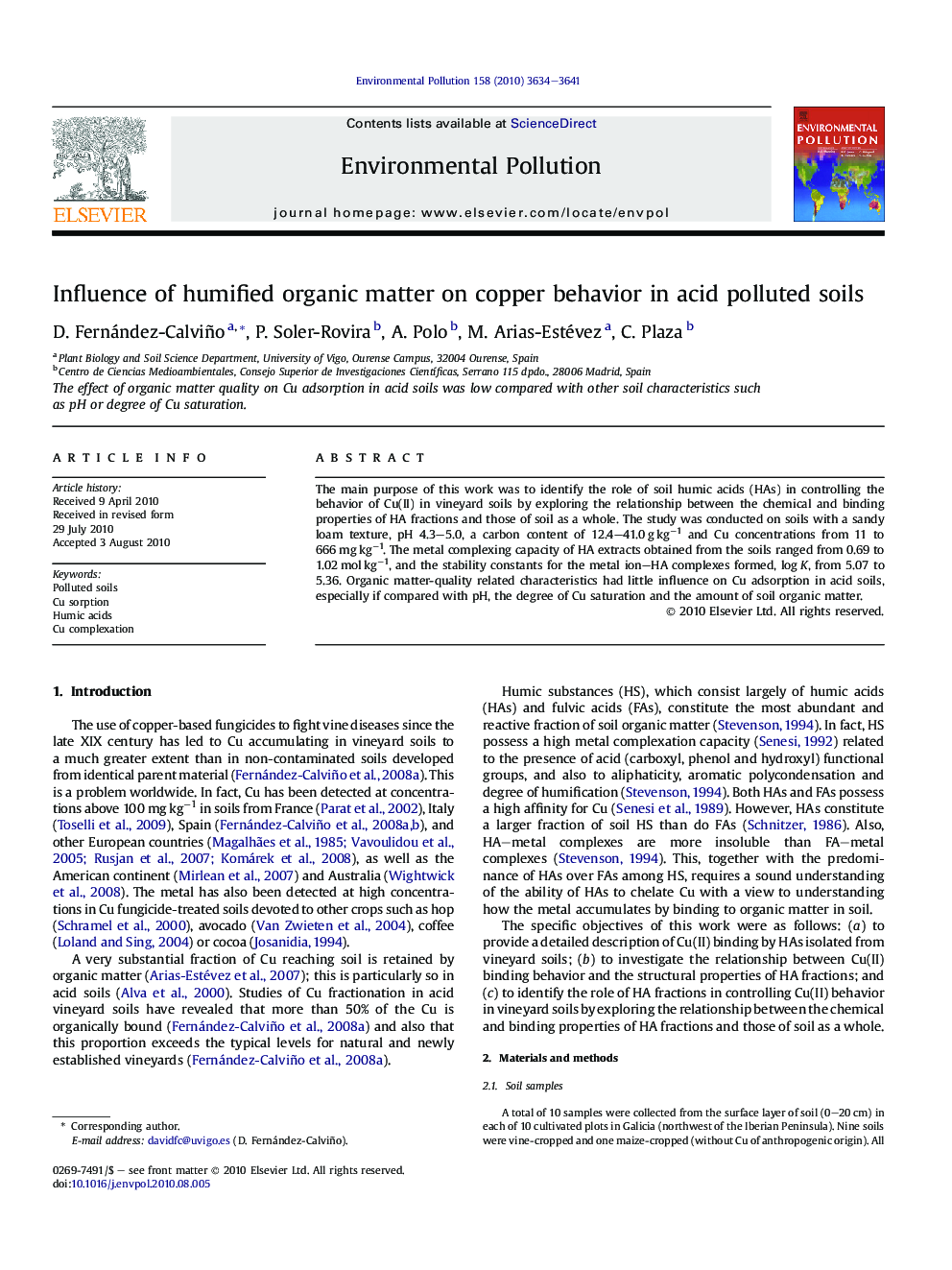 Influence of humified organic matter on copper behavior in acid polluted soils