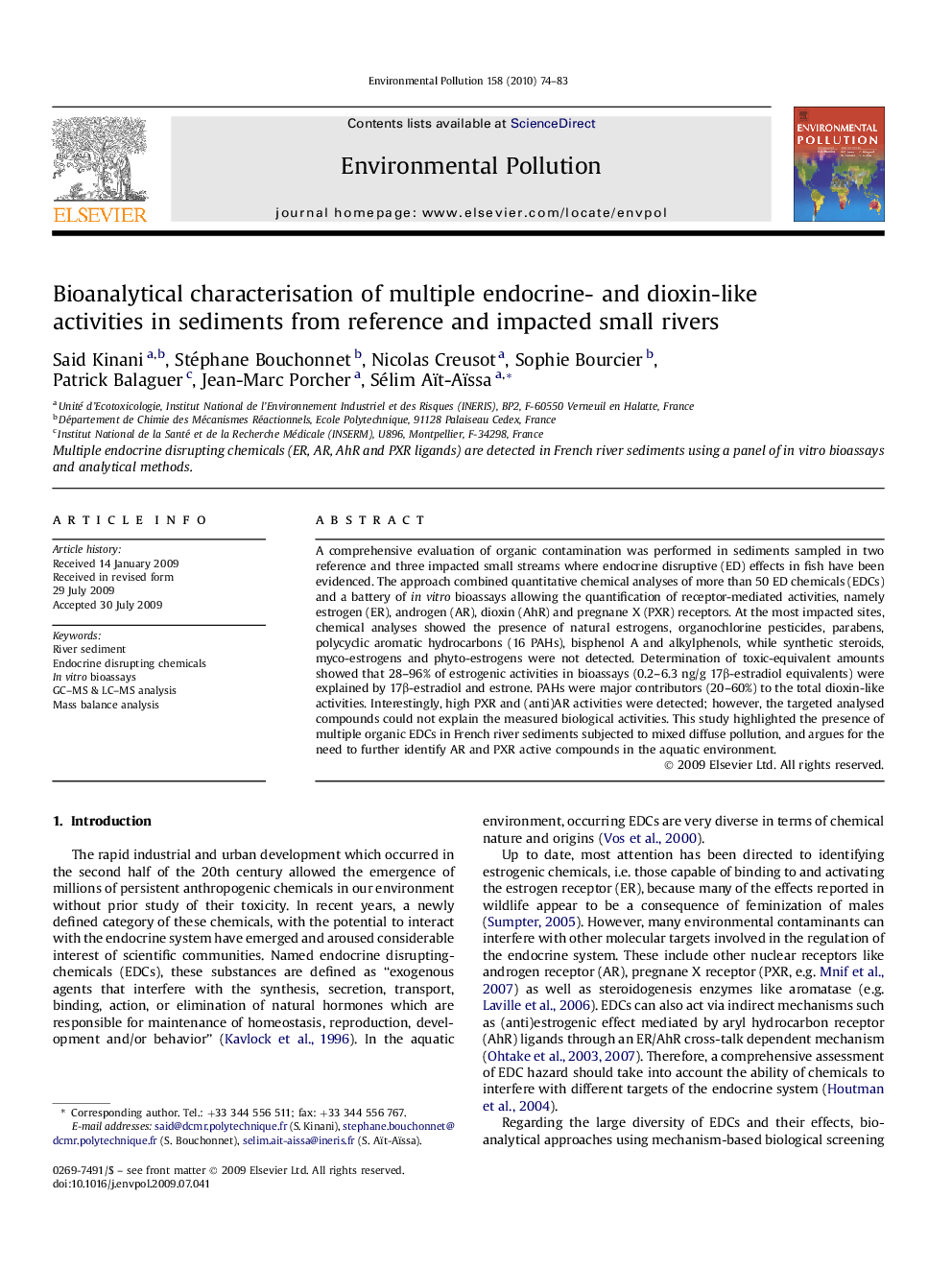 Bioanalytical characterisation of multiple endocrine- and dioxin-like activities in sediments from reference and impacted small rivers