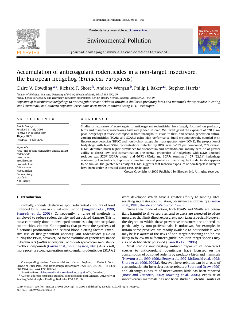 Accumulation of anticoagulant rodenticides in a non-target insectivore, the European hedgehog (Erinaceus europaeus)