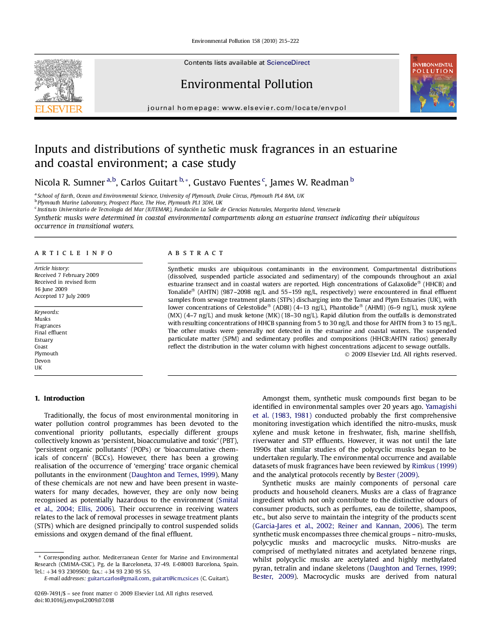 Inputs and distributions of synthetic musk fragrances in an estuarine and coastal environment; a case study