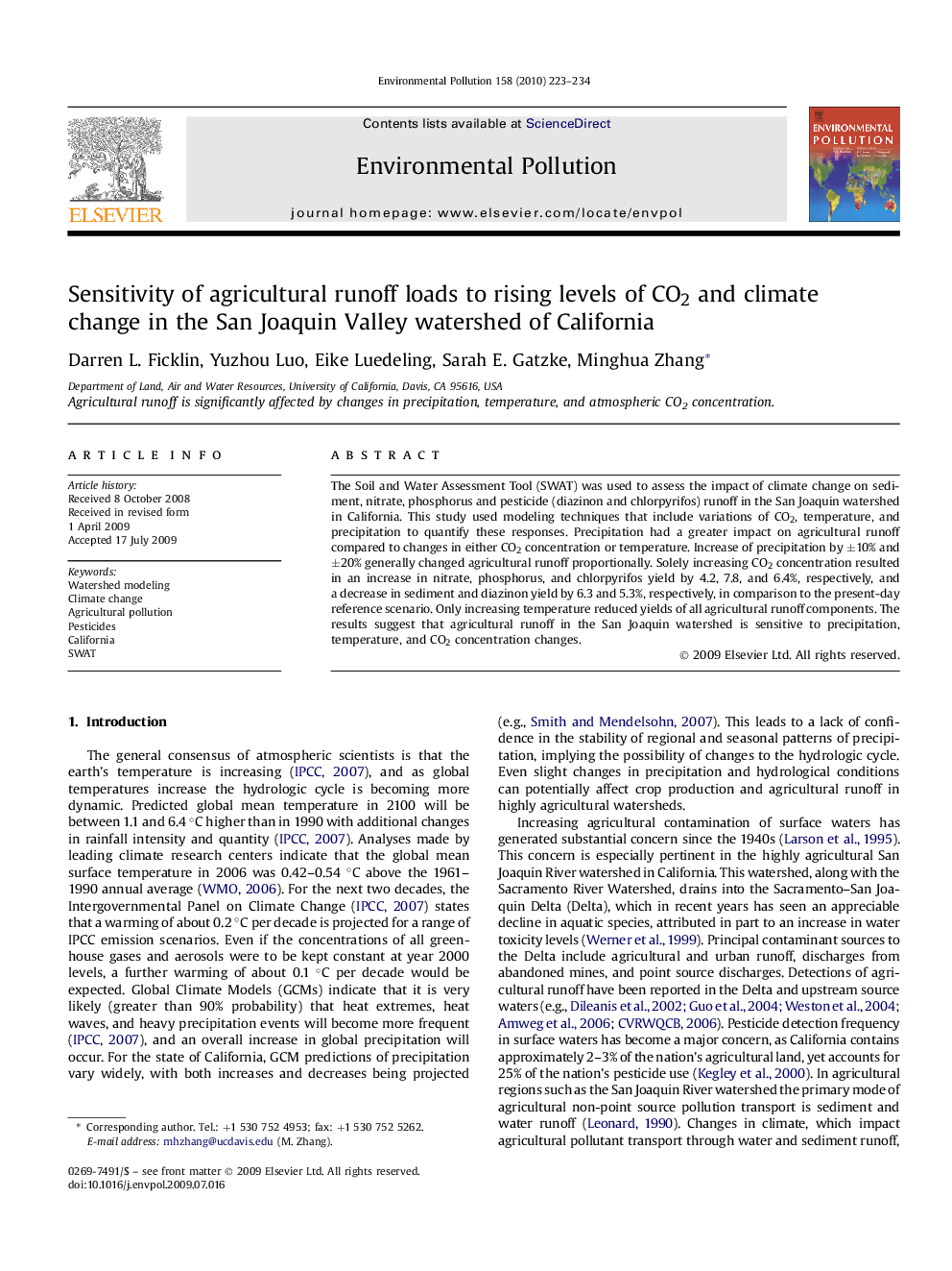 عکس صفحه اول مقاله: Sensitivity of agricultural runoff loads to rising levels of CO2 and climate change in the San Joaquin Valley watershed of California Sensitivity of agricultural runoff loads to rising levels of CO2 and climate change in the San Joaquin Valley watershed of California