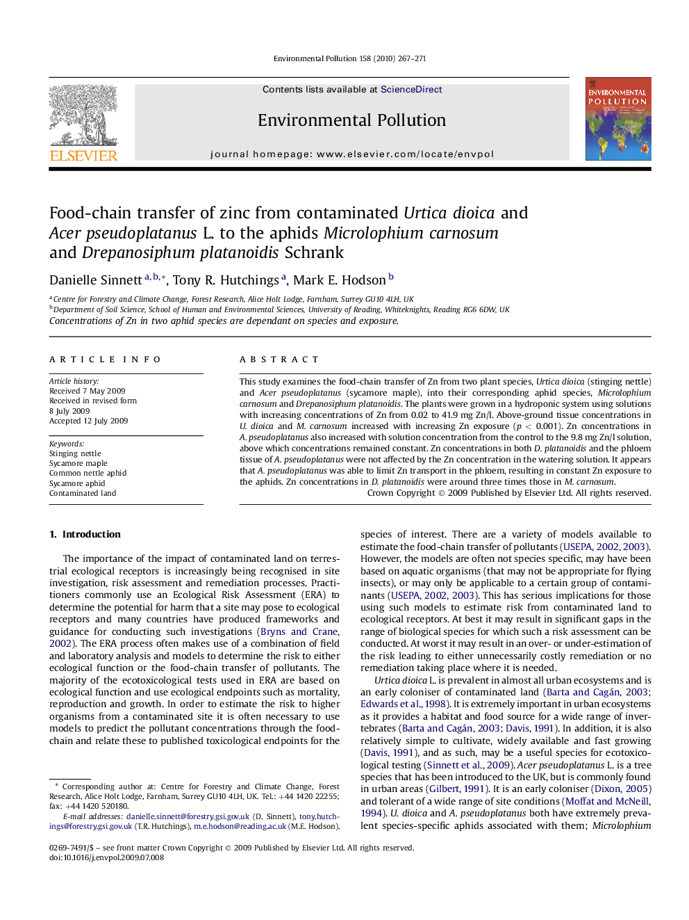 Food-chain transfer of zinc from contaminated Urtica dioica and Acer pseudoplatanus L. to the aphids Microlophium carnosum and Drepanosiphum platanoidis Schrank