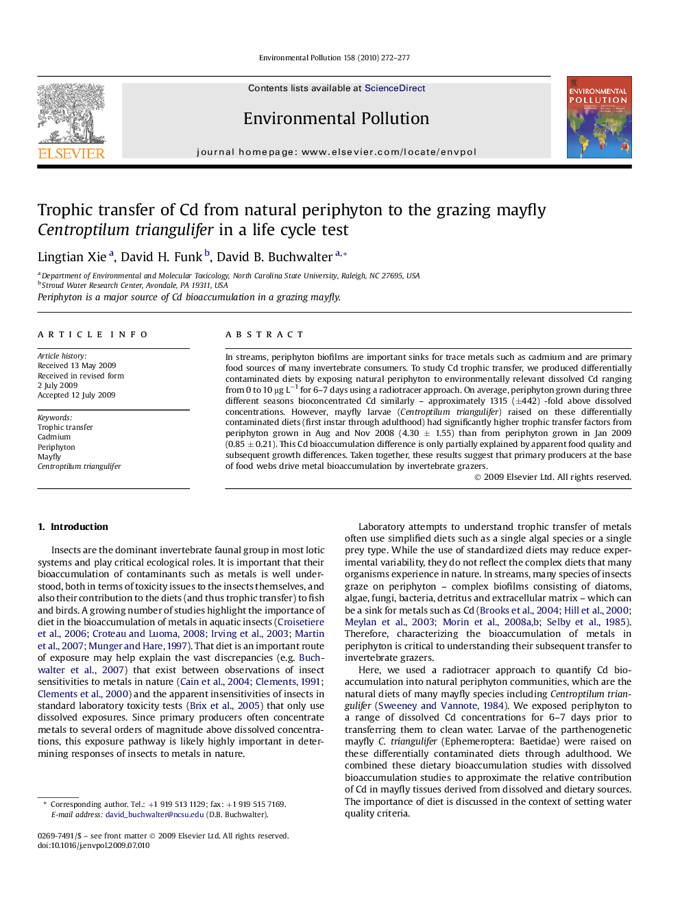 Trophic transfer of Cd from natural periphyton to the grazing mayfly Centroptilum triangulifer in a life cycle test