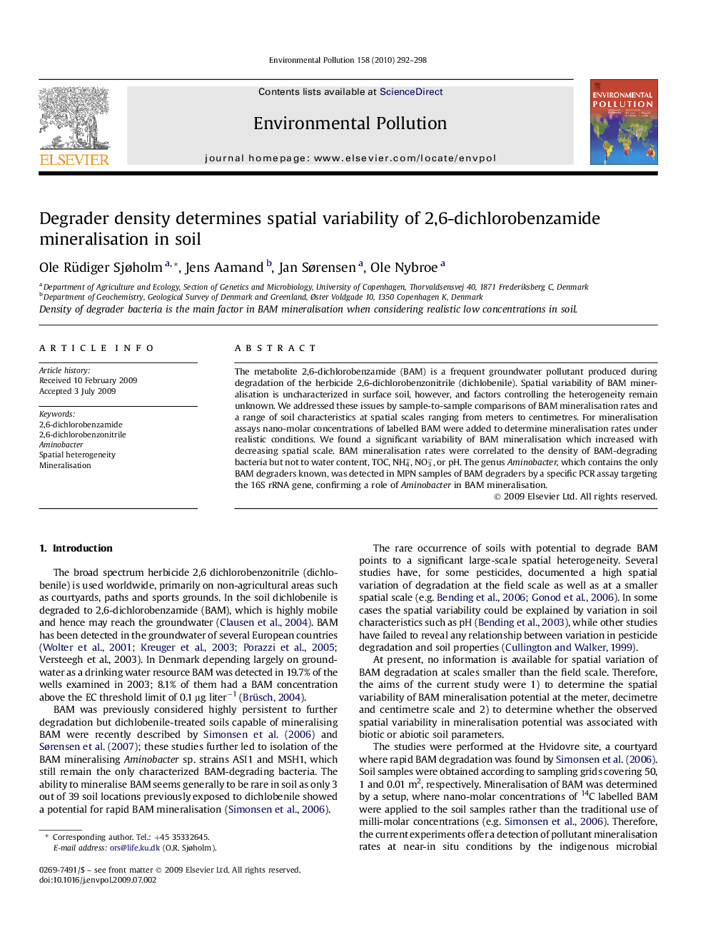 Degrader density determines spatial variability of 2,6-dichlorobenzamide mineralisation in soil