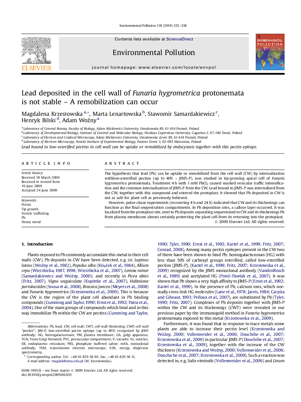 Lead deposited in the cell wall of Funaria hygrometrica protonemata is not stable – A remobilization can occur