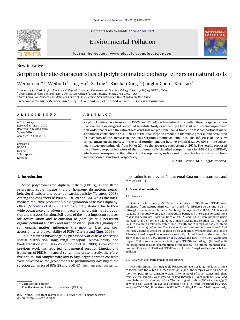 Sorption kinetic characteristics of polybrominated diphenyl ethers on natural soils