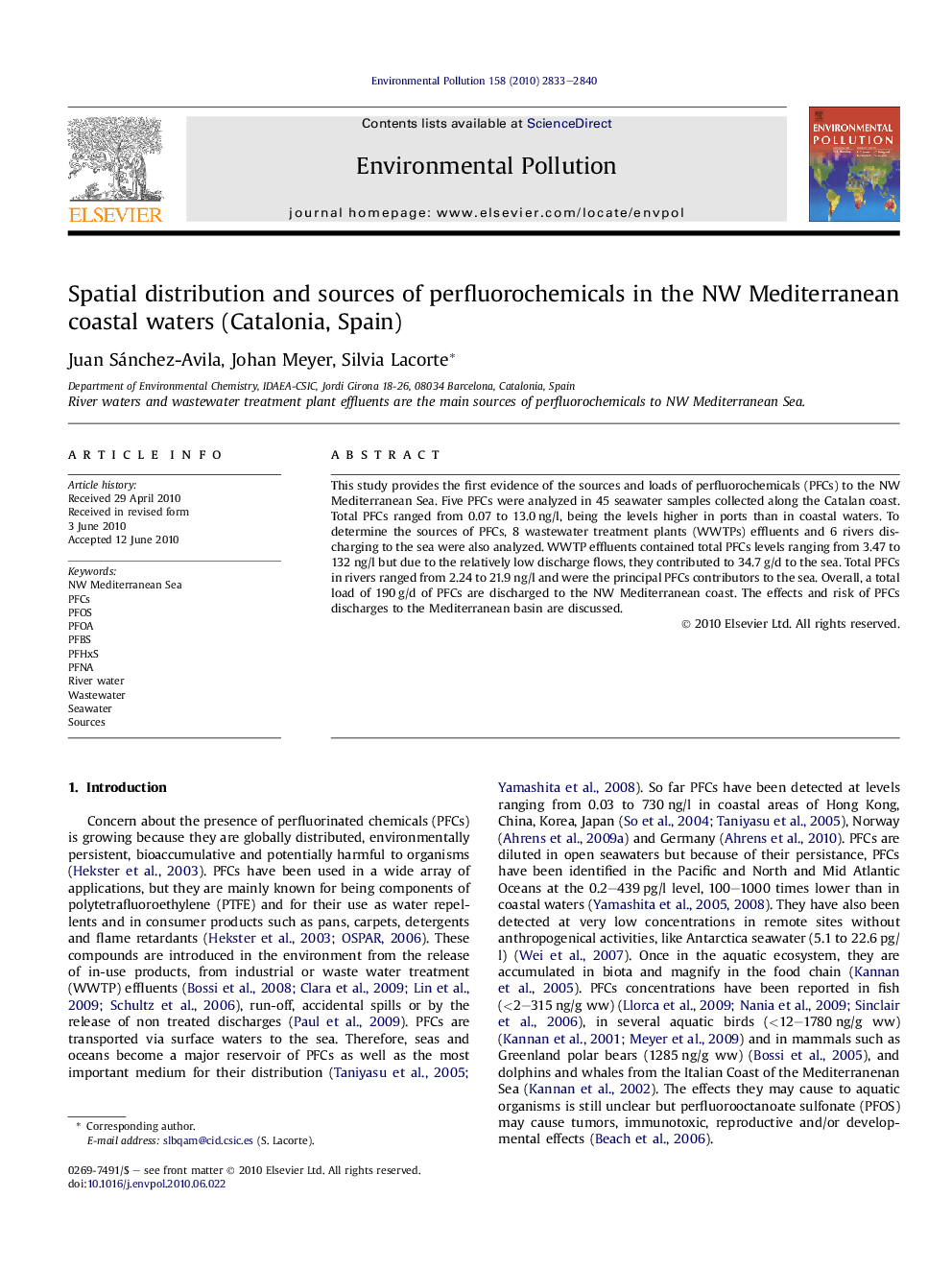 Spatial distribution and sources of perfluorochemicals in the NW Mediterranean coastal waters (Catalonia, Spain)