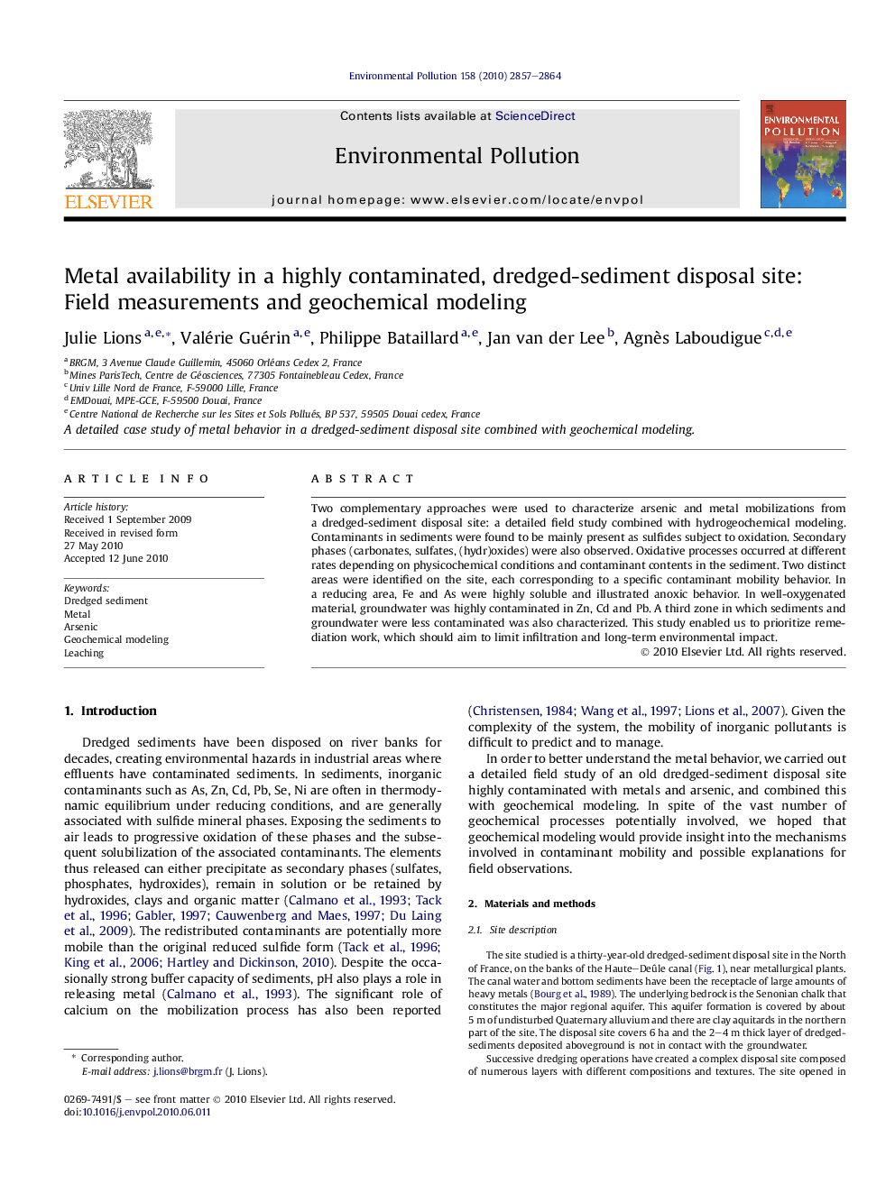 Metal availability in a highly contaminated, dredged-sediment disposal site: Field measurements and geochemical modeling