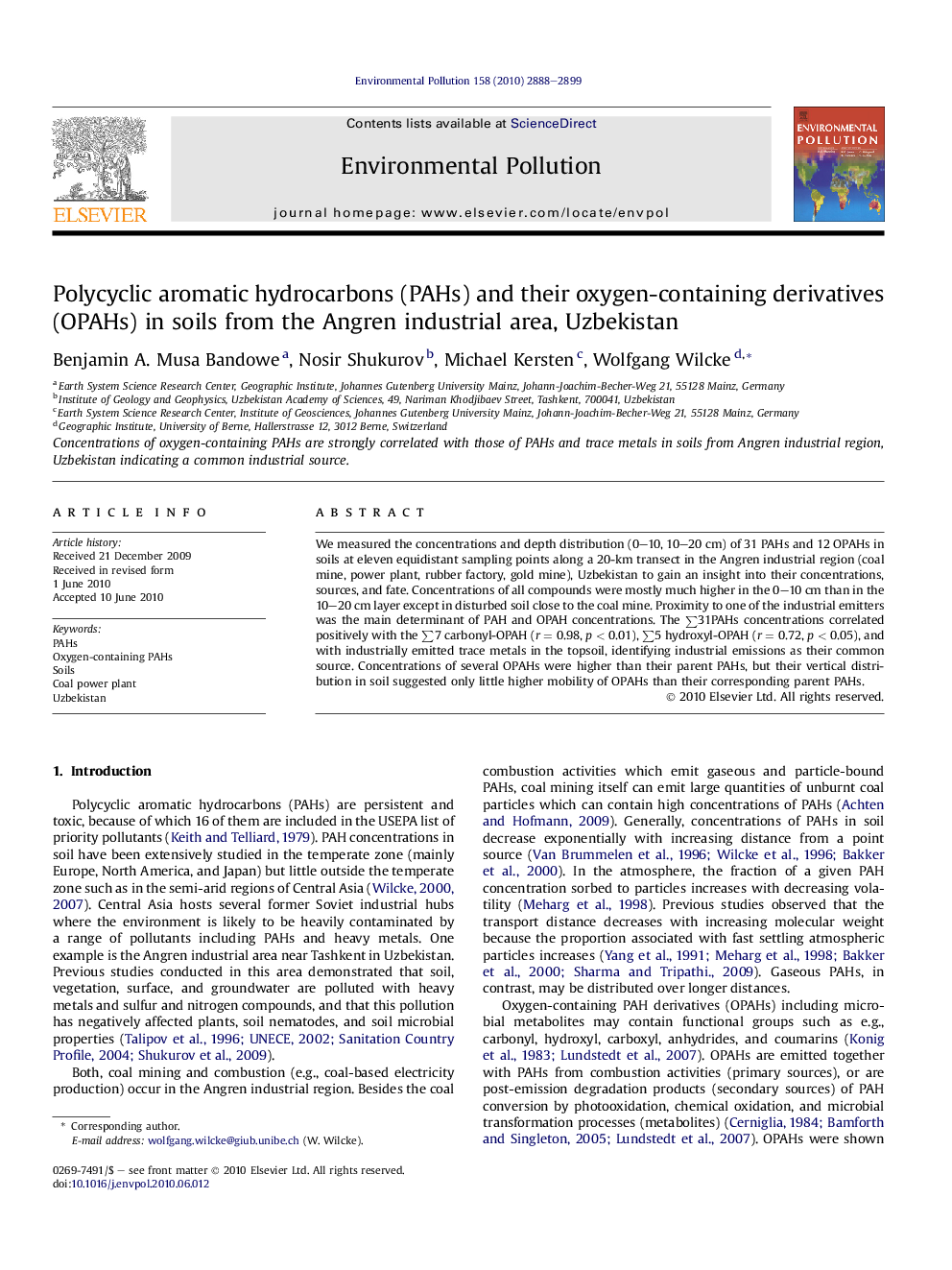 Polycyclic aromatic hydrocarbons (PAHs) and their oxygen-containing derivatives (OPAHs) in soils from the Angren industrial area, Uzbekistan