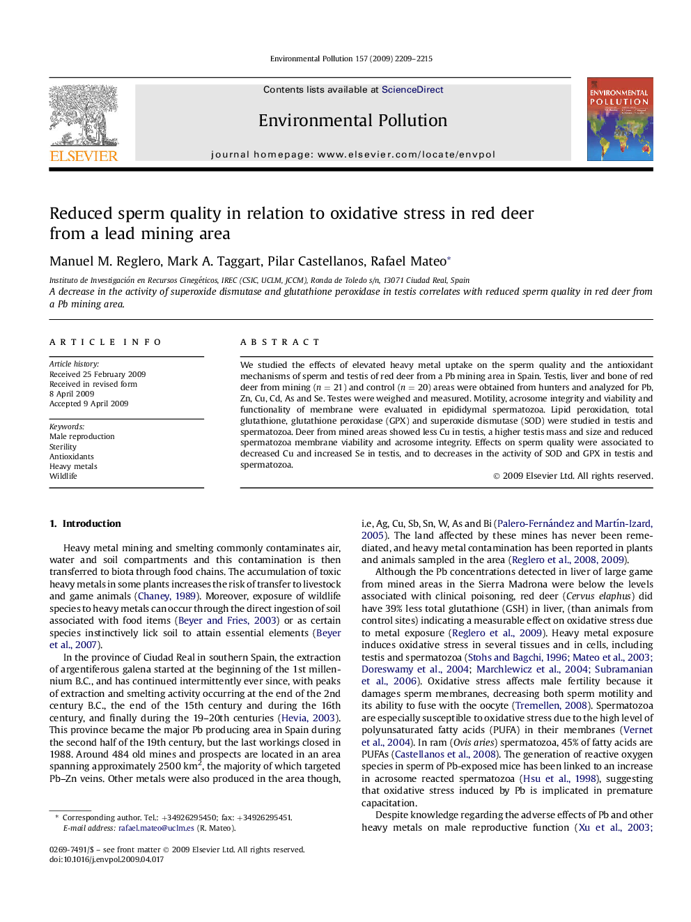 Reduced sperm quality in relation to oxidative stress in red deer from a lead mining area