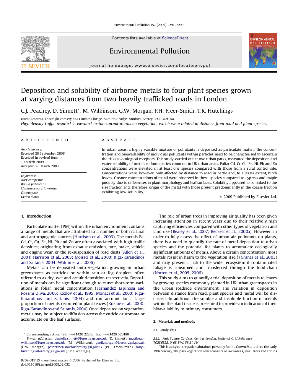 Deposition and solubility of airborne metals to four plant species grown at varying distances from two heavily trafficked roads in London