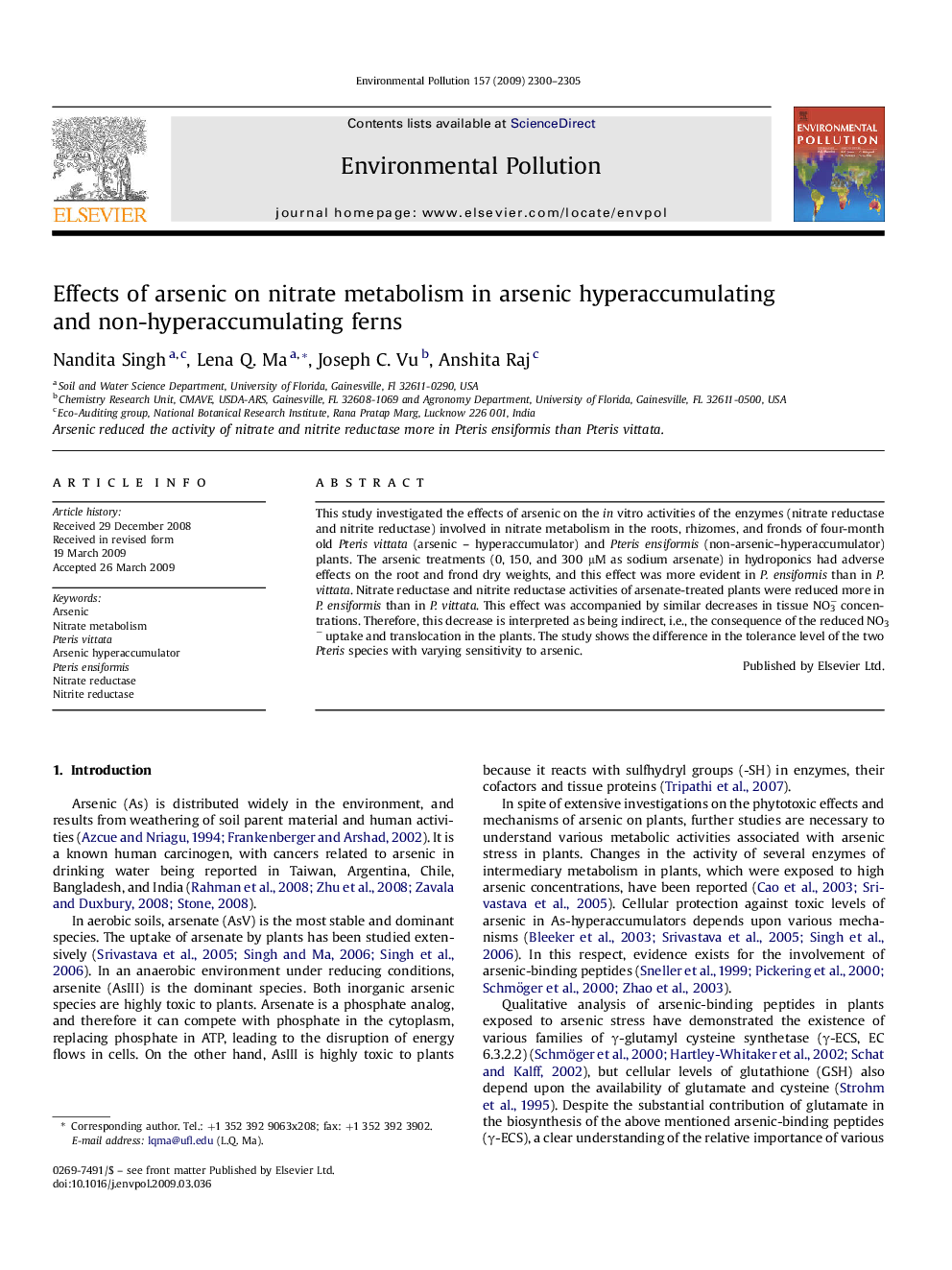 Effects of arsenic on nitrate metabolism in arsenic hyperaccumulating and non-hyperaccumulating ferns